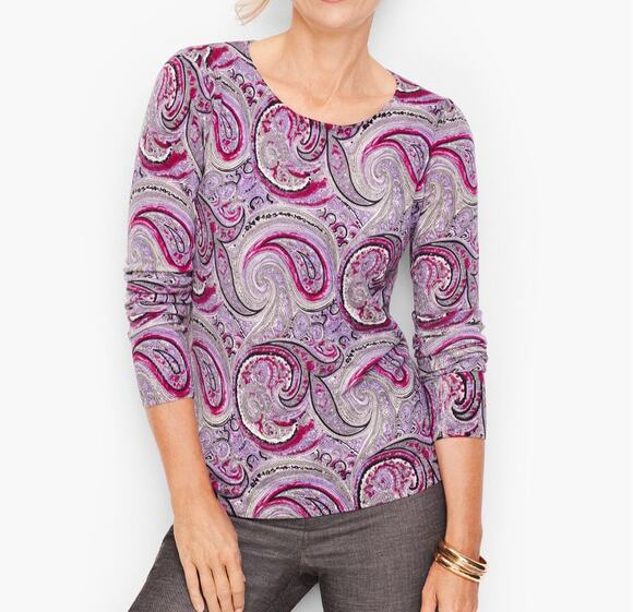 Talbots Tops - Talbots Merino Wool Gathered Shoulder Paisley Sweater Top size 2XP purple office